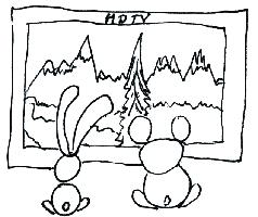 An HDTV being viewed by a rabbit and bear.